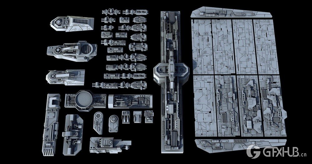 科幻飞行器宇宙飞船3D模型套装 Sci-Fi KitBash And Props Pack - Full Set