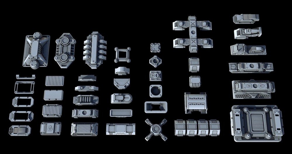科幻飞行器宇宙飞船3D模型套装 Sci-Fi KitBash And Props Pack - Full Set