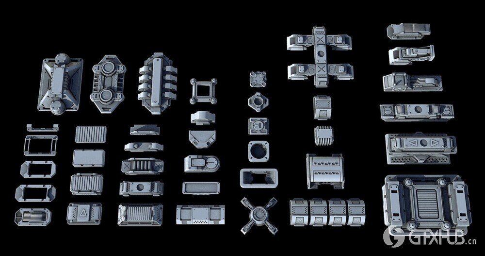 科幻飞行器宇宙飞船3D模型套装 Sci-Fi KitBash And Props Pack - Full Set