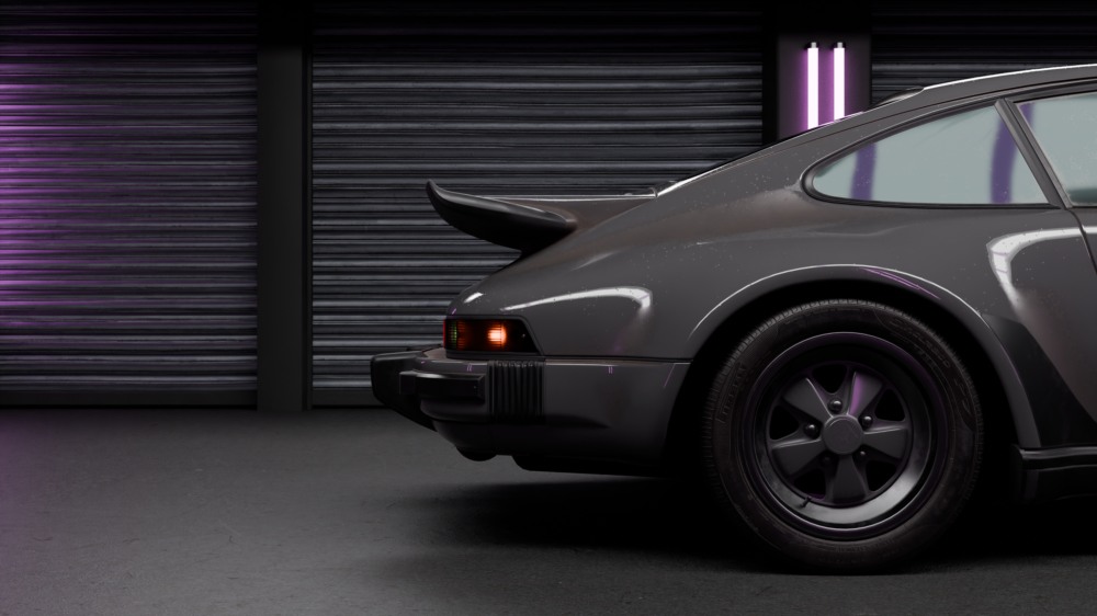 Blender 汽车室内渲染场景资产预设 Neon Garage – Automotive Render Environment