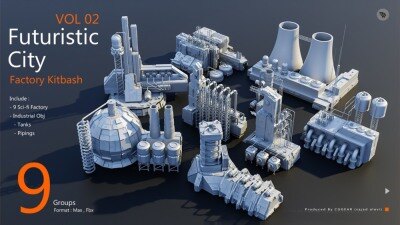 未来城市科幻工厂套件 Blender 3D 模型资产 Futuristic City Kitbash Factory Vol 2