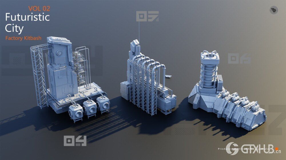 未来城市科幻工厂套件 Blender 3D 模型资产 Futuristic City Kitbash Factory Vol 2
