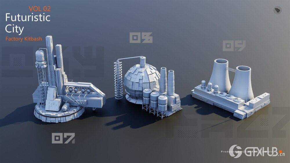 未来城市科幻工厂套件 Blender 3D 模型资产 Futuristic City Kitbash Factory Vol 2