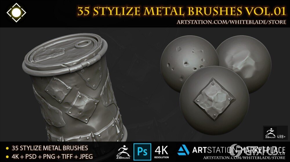 35 个风格化金属画笔和 4K Alpha Vol.01 - ZBrush 4R8+