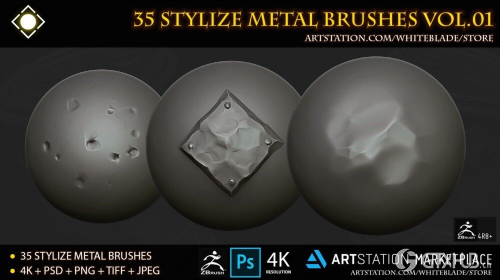 35 个风格化金属画笔和 4K Alpha Vol.01 - ZBrush 4R8+