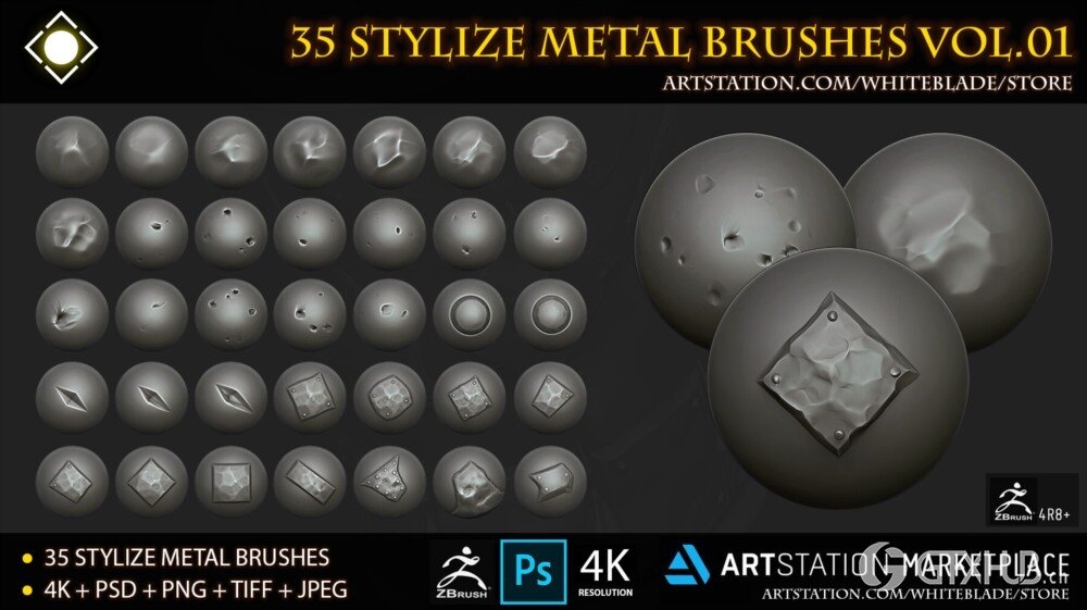 35 个风格化金属画笔和 4K Alpha Vol.01 - ZBrush 4R8+
