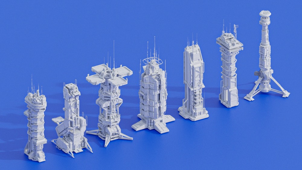 科幻建筑：未来派军事建筑3D资产 Sci-Fi Futuristic Military Buildings Pack