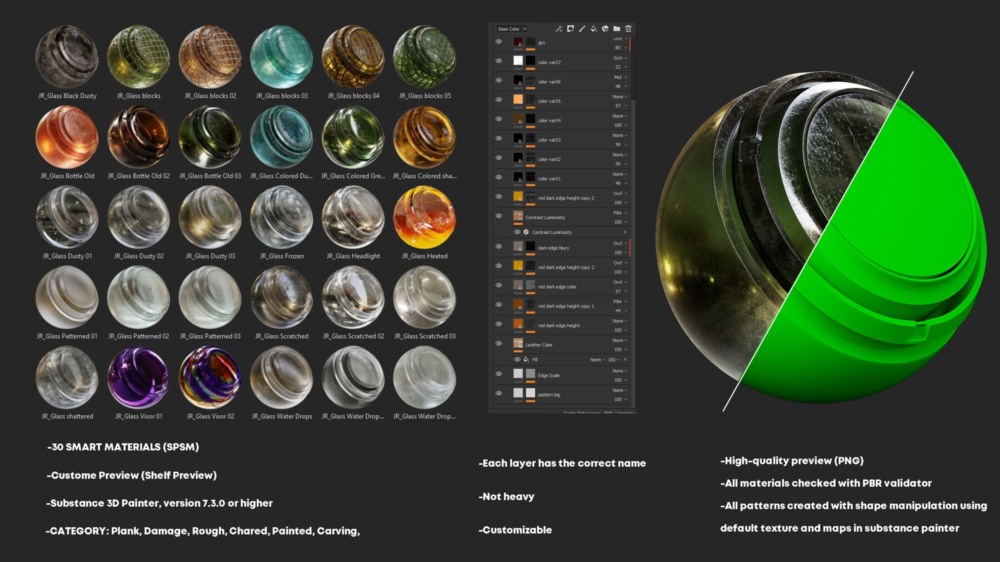 30 种高细节和完全可定制玻璃智能材质 Glass Smart Materials for Substance 3D Painter