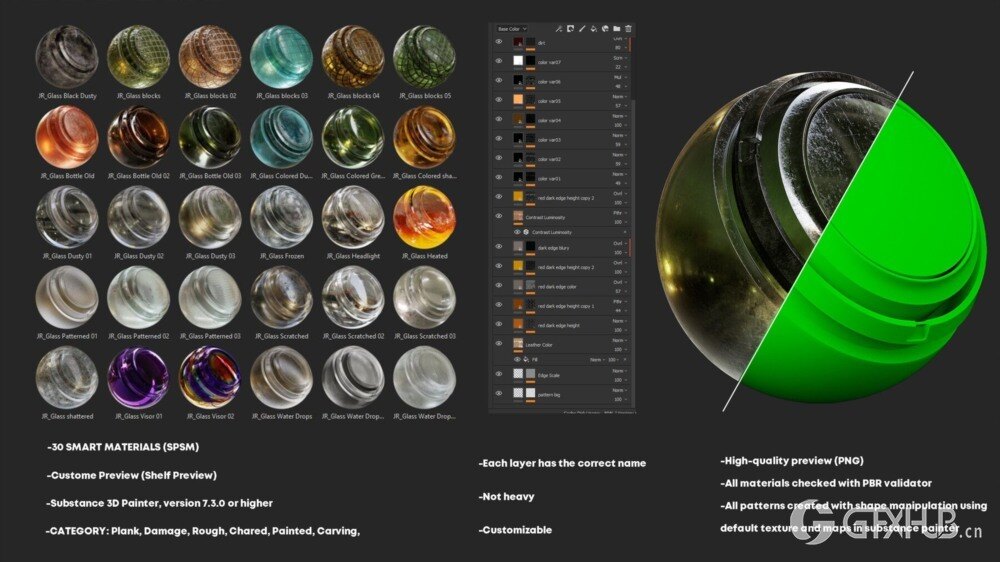 30 种高细节和完全可定制玻璃智能材质 Glass Smart Materials for Substance 3D Painter
