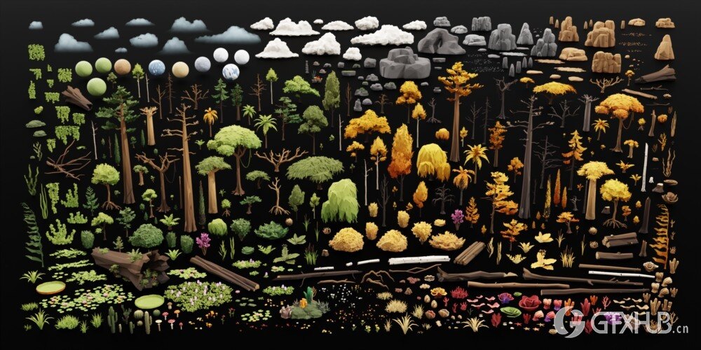 Blender 低多边形卡通自然植物花朵树木冰川 3D 模型资产预设