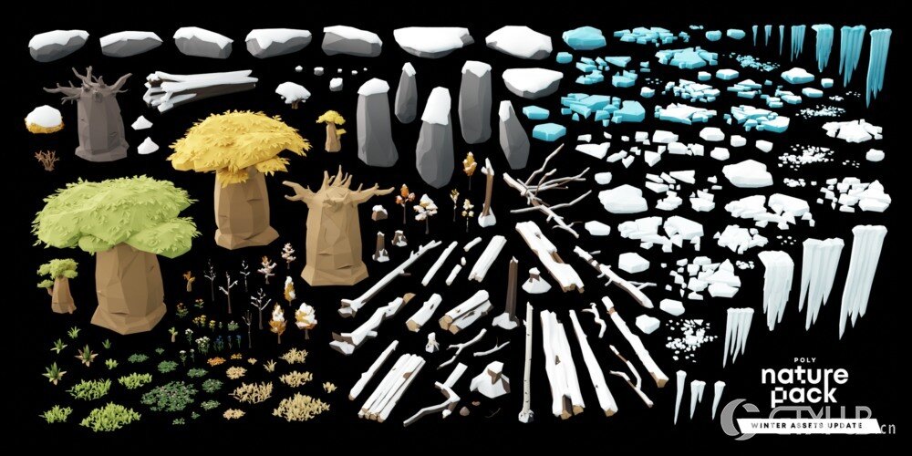 Blender 低多边形卡通自然植物花朵树木冰川 3D 模型资产预设