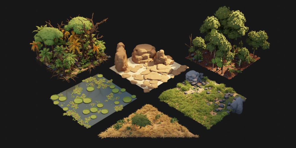 Blender 低多边形卡通自然植物花朵树木冰川 3D 模型资产预设