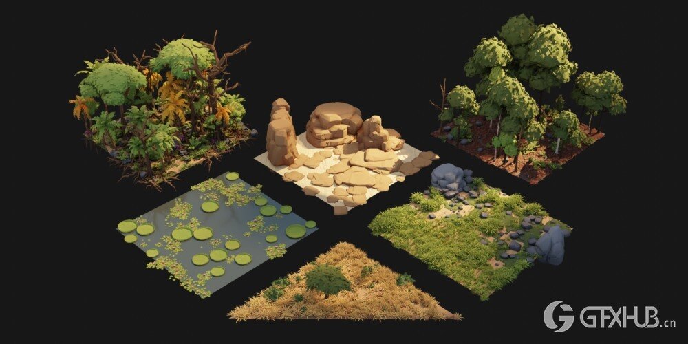 Blender 低多边形卡通自然植物花朵树木冰川 3D 模型资产预设