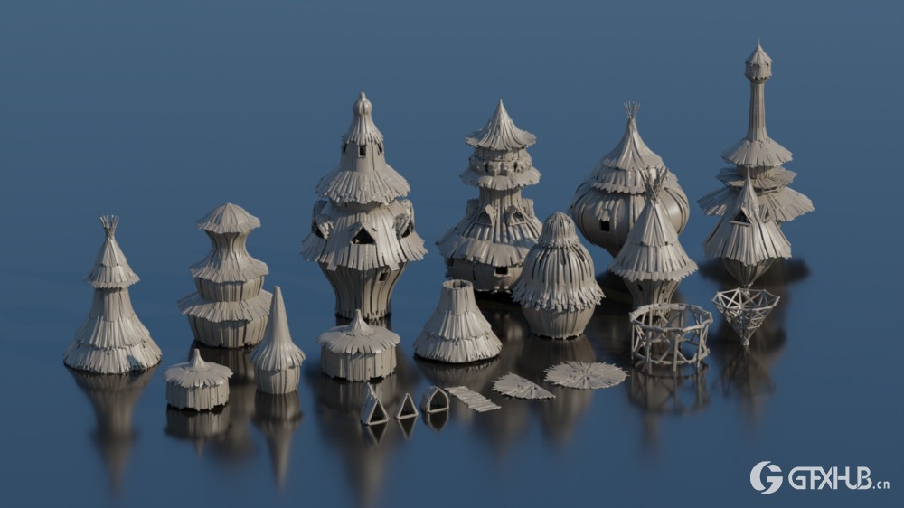 梦幻木制村舍 3D 模型 (Blender\FBX格式)Fantasy Village Huts