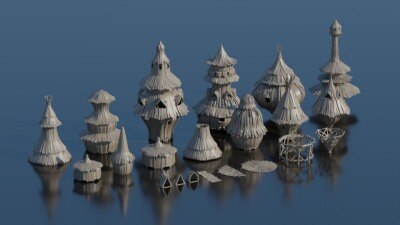 梦幻木制村舍 3D 模型 （Blender\FBX格式）Fantasy Village Huts
