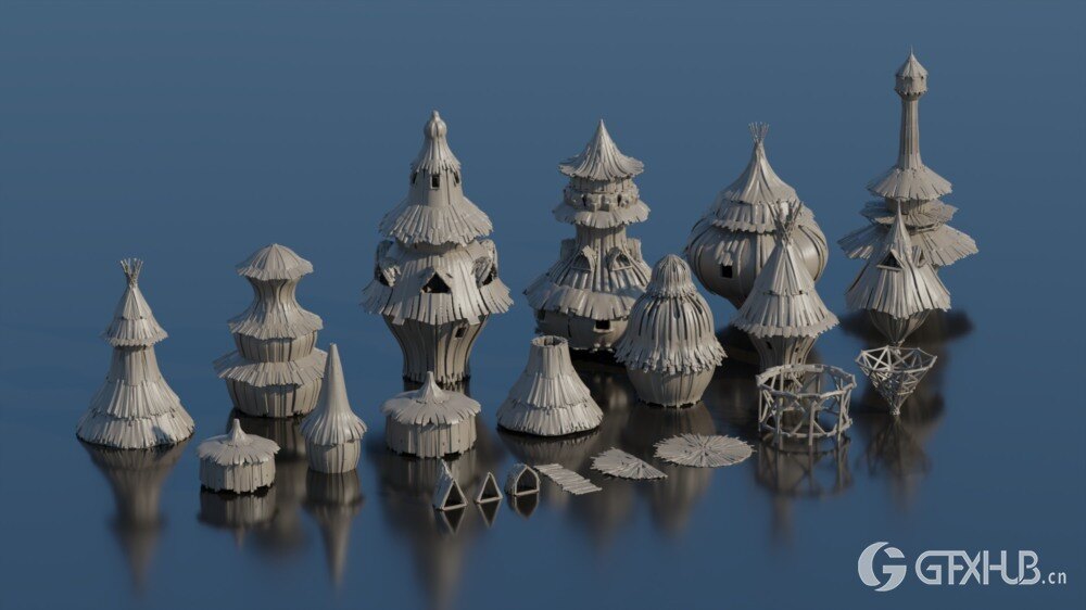 梦幻木制村舍 3D 模型 (Blender\FBX格式)Fantasy Village Huts