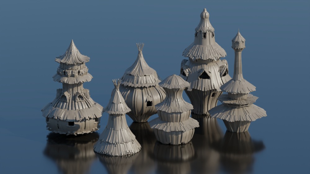 梦幻木制村舍 3D 模型 （BlenderFBX格式）Fantasy Village Huts
