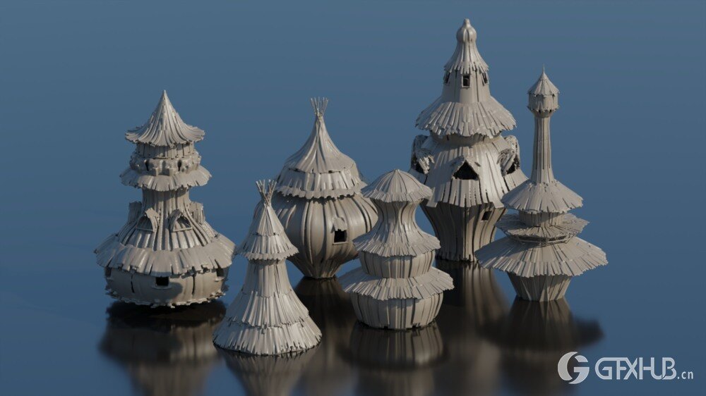 梦幻木制村舍 3D 模型 (BlenderFBX格式)Fantasy Village Huts