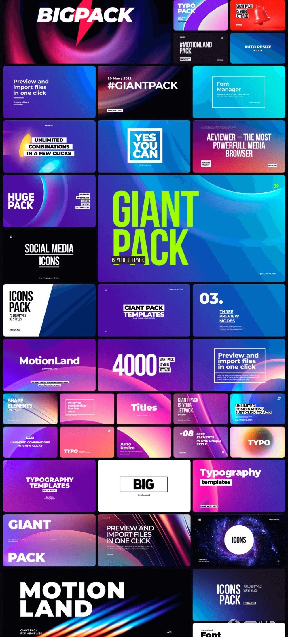 AE脚本-3000种社交媒体图形标题排版转场音效背景图标动画预设 Booster Pack