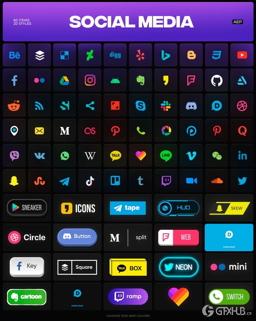 AE脚本-3000种社交媒体图形标题排版转场音效背景图标动画预设 Booster Pack