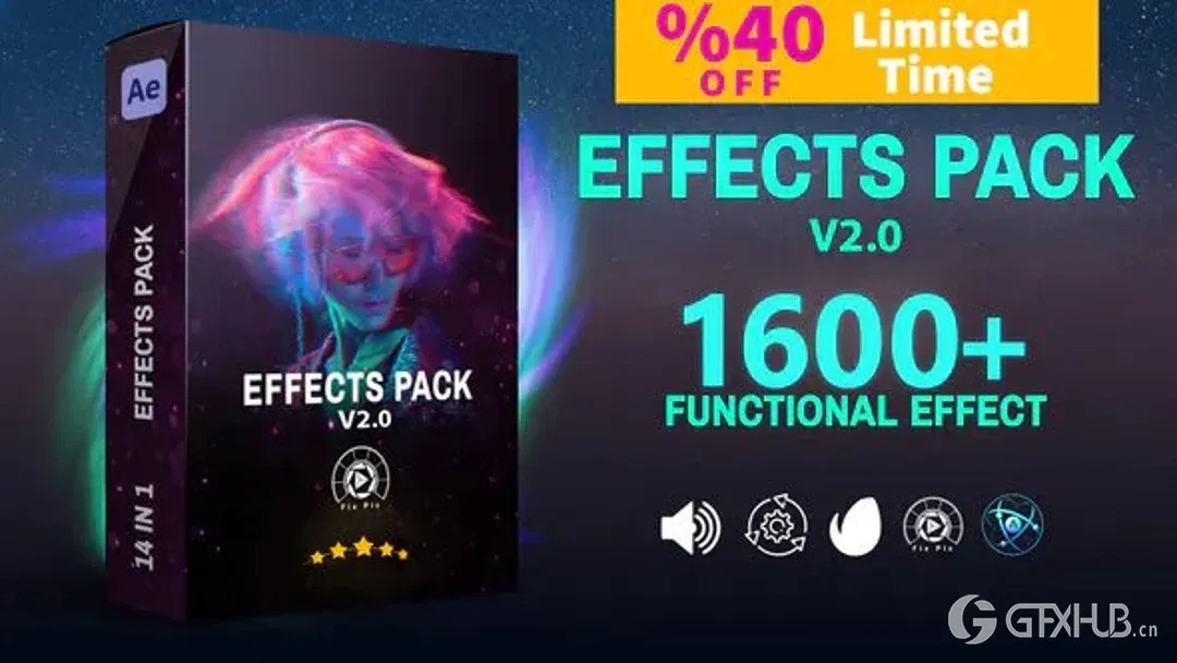 AE脚本-1600+转场过渡出入动画光效文字标题调色火花雨雪特效预设包 Effects Pack V2