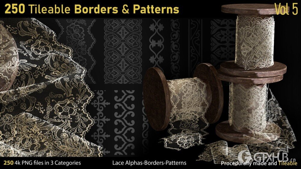 蕾丝花卉图案面料Alpha贴图 250 Alphas -Tileable Borders&Patterns-Vol5