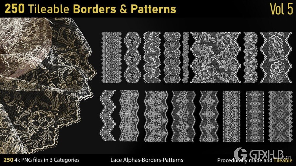 蕾丝花卉图案面料Alpha贴图 250 Alphas -Tileable Borders&Patterns-Vol5