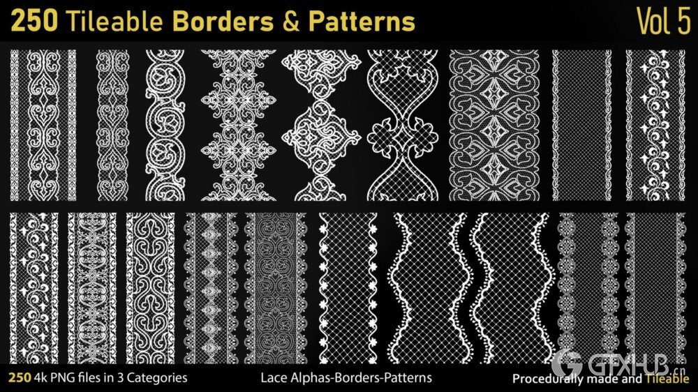 蕾丝花卉图案面料Alpha贴图 250 Alphas -Tileable Borders&Patterns-Vol5
