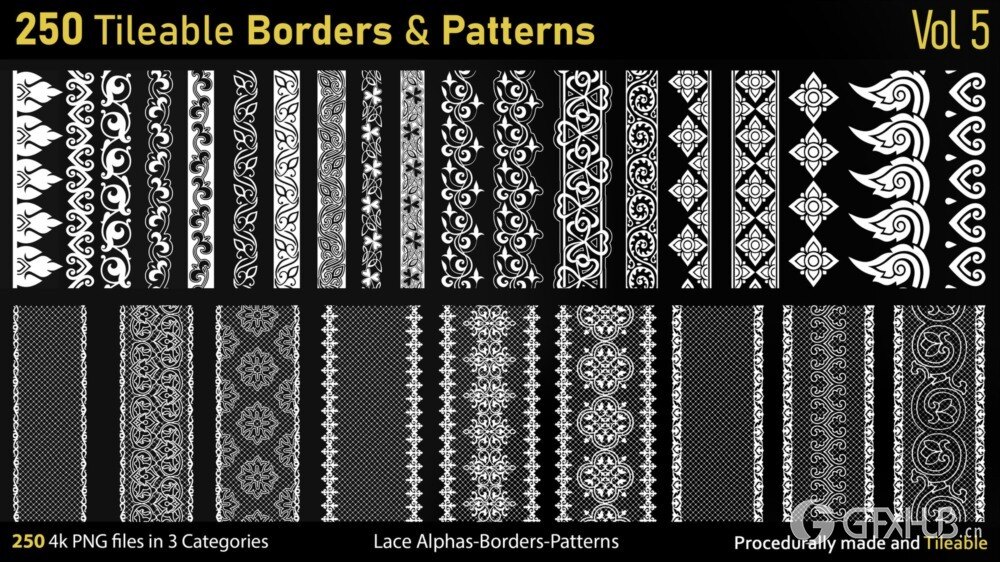 蕾丝花卉图案面料Alpha贴图 250 Alphas -Tileable Borders&Patterns-Vol5