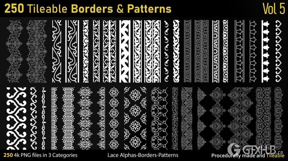蕾丝花卉图案面料Alpha贴图 250 Alphas -Tileable Borders&Patterns-Vol5