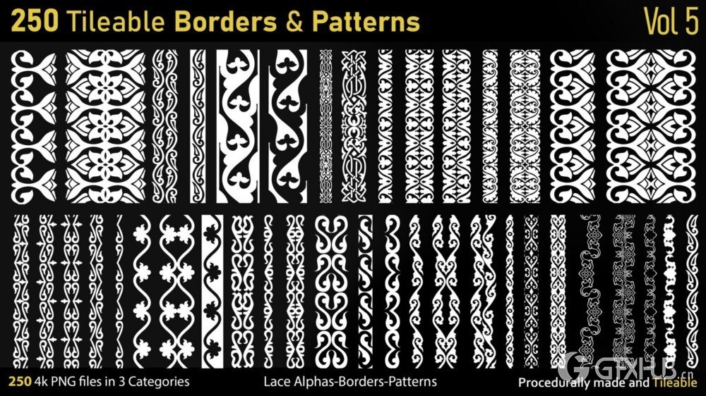 蕾丝花卉图案面料Alpha贴图 250 Alphas -Tileable Borders&Patterns-Vol5