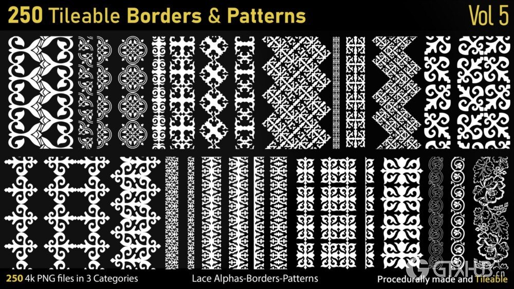 蕾丝花卉图案面料Alpha贴图 250 Alphas -Tileable Borders&Patterns-Vol5