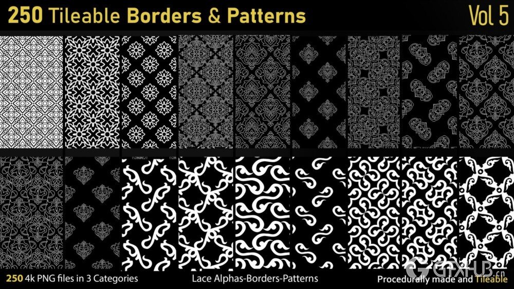 蕾丝花卉图案面料Alpha贴图 250 Alphas -Tileable Borders&Patterns-Vol5