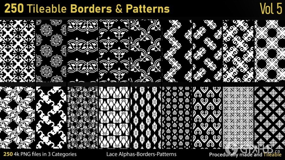 蕾丝花卉图案面料Alpha贴图 250 Alphas -Tileable Borders&Patterns-Vol5