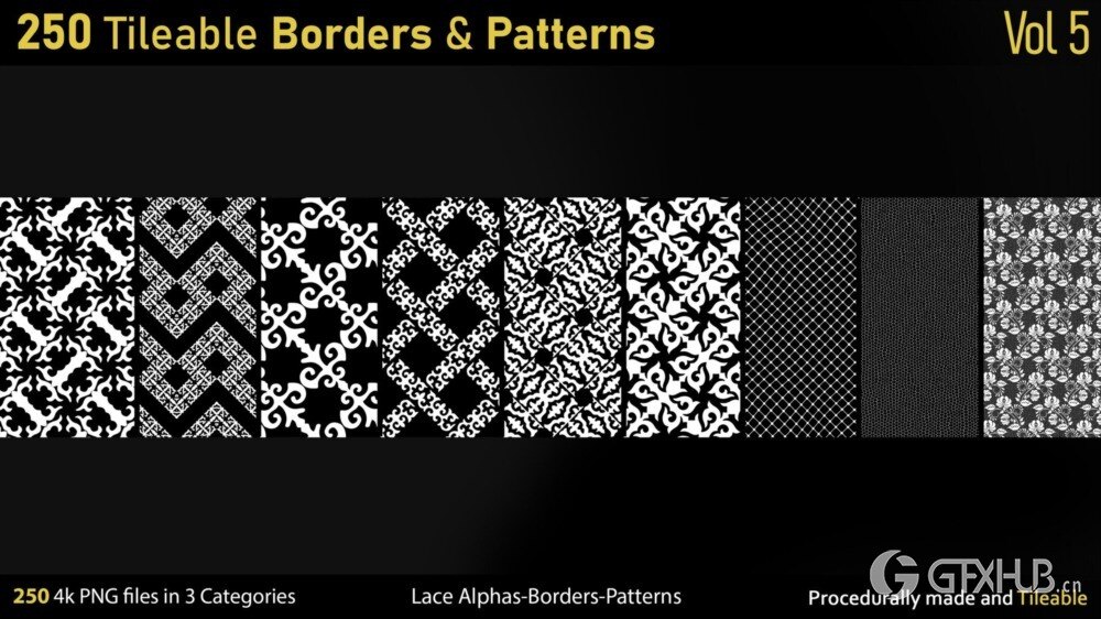 蕾丝花卉图案面料Alpha贴图 250 Alphas -Tileable Borders&Patterns-Vol5