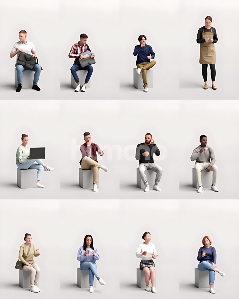12个咖啡馆休闲人物3D模型 Humano – 2212 – Café 01 - GFXHUB