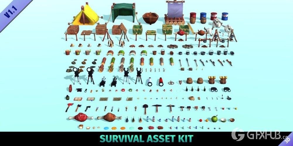 Blender 低多边形卡通生存物品3D模型资产 Stylized Survival Asset Kit