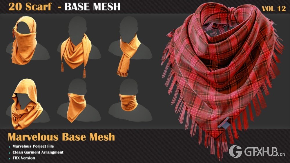 20组围巾3D模型 20 Scarf BASE MESH - VOL 12