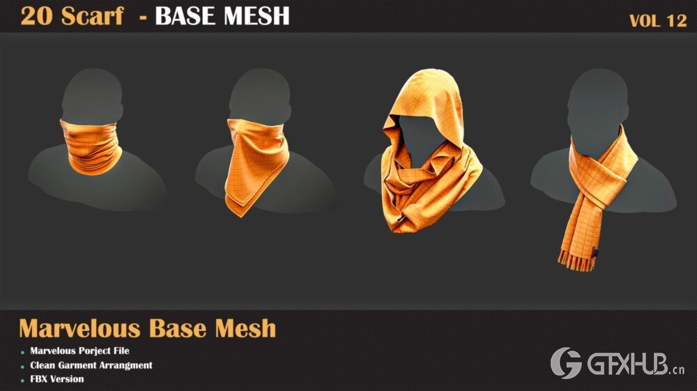 20组围巾3D模型 20 Scarf BASE MESH - VOL 12