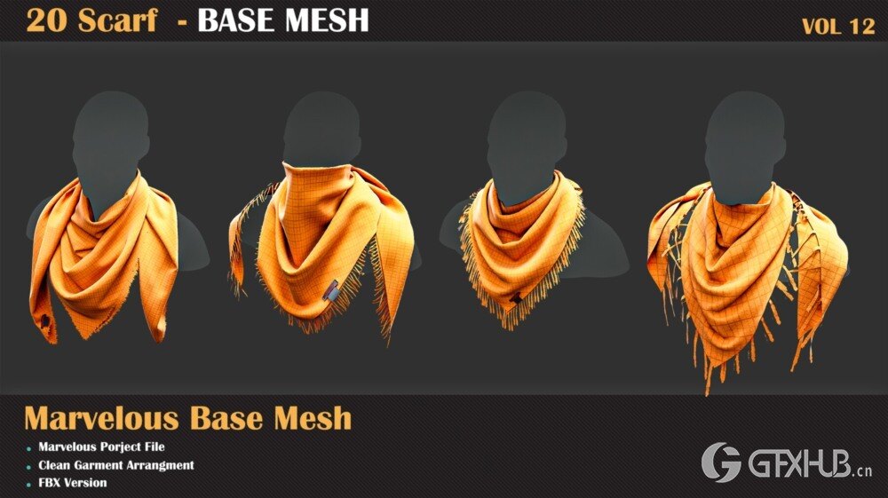 20组围巾3D模型 20 Scarf BASE MESH - VOL 12