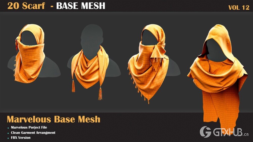 20组围巾3D模型 20 Scarf BASE MESH - VOL 12