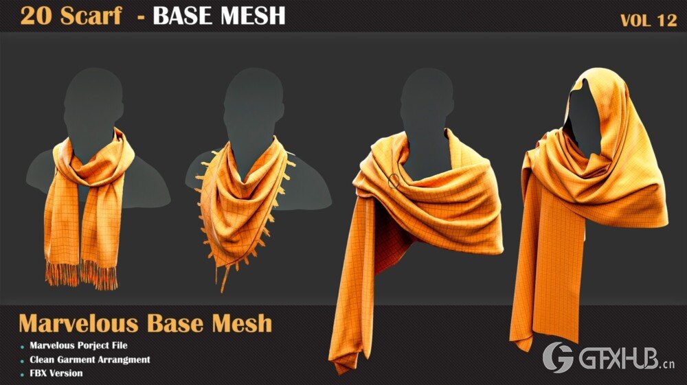 20组围巾3D模型 20 Scarf BASE MESH - VOL 12