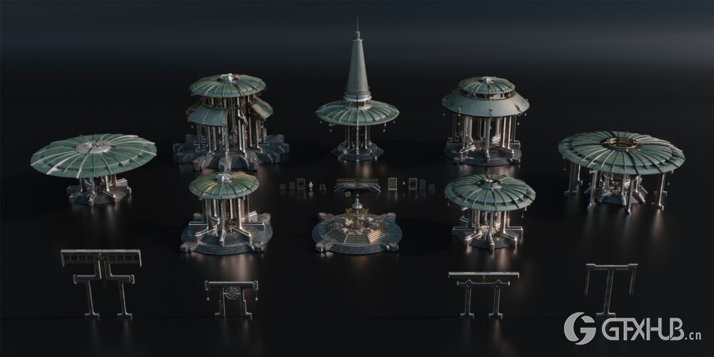 神圣的庙宇 - 亚洲风格建筑和环境资产 3D 模型