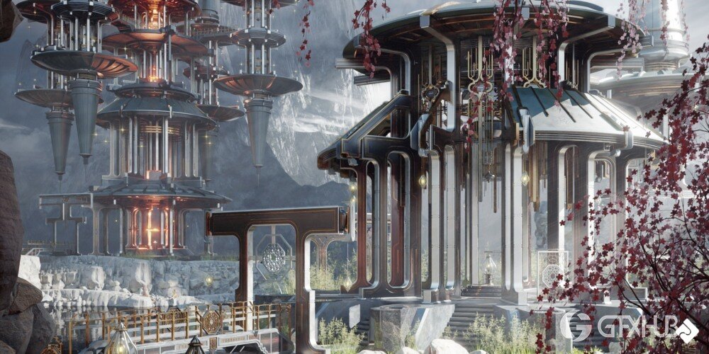 神圣的庙宇 - 亚洲风格建筑和环境资产 3D 模型