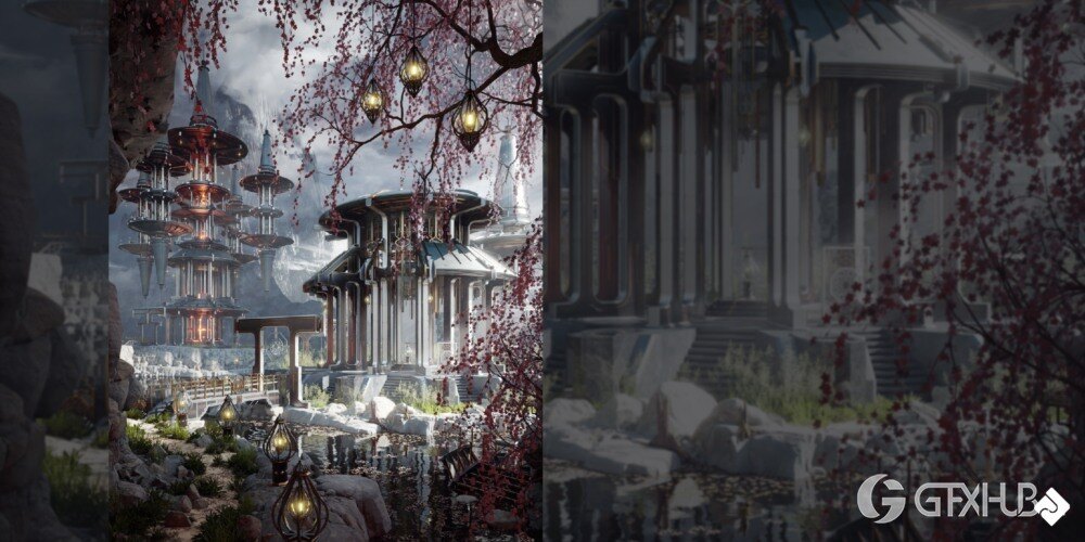 神圣的庙宇 - 亚洲风格建筑和环境资产 3D 模型