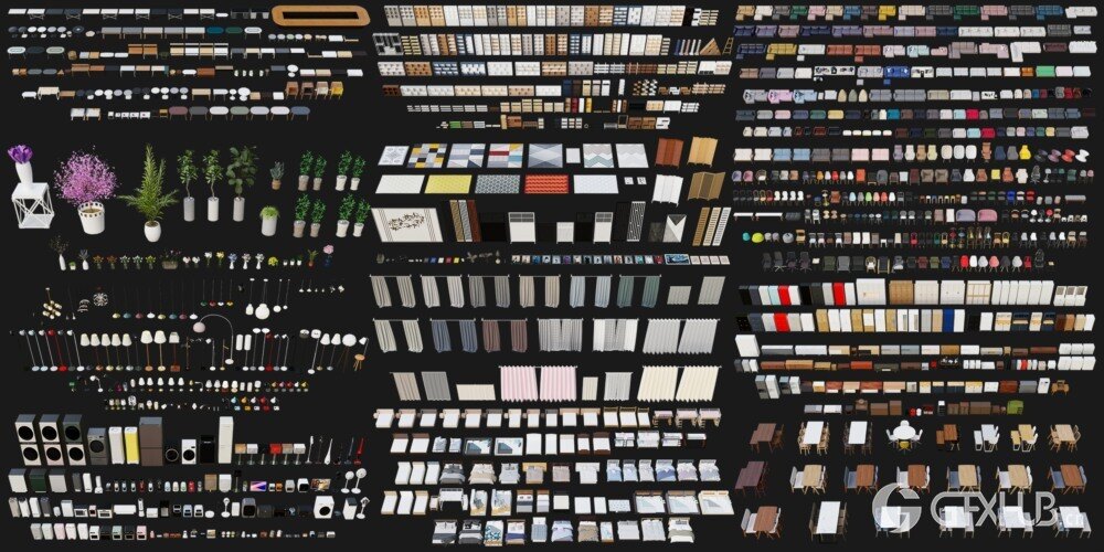 1257个室内家具床桌椅柜子沙发灯具植物Blender模型 Interior Models VOL 02