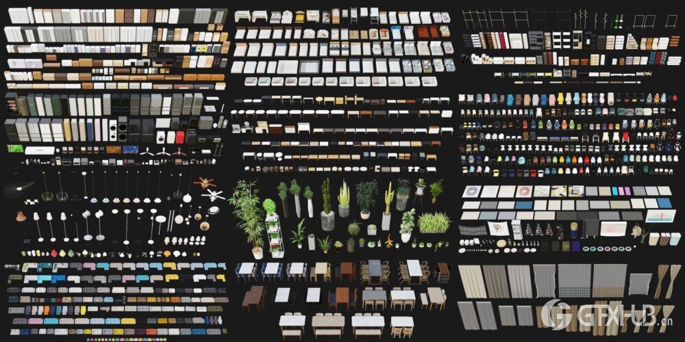 1222个室内家具床桌椅柜子沙发灯具植物Blender模型 Interior Models VOL 03