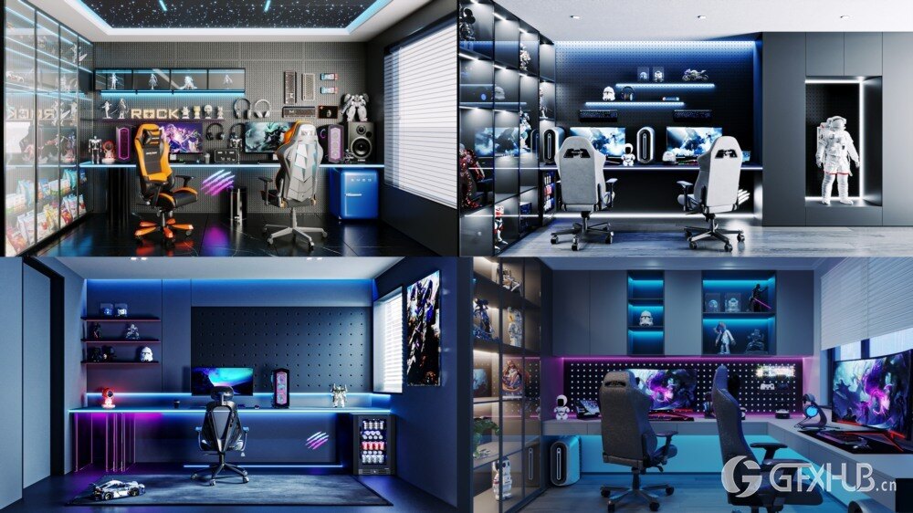 Blender电竞房桌椅电脑场景3D模型资产 Esport Gaming Collection 01