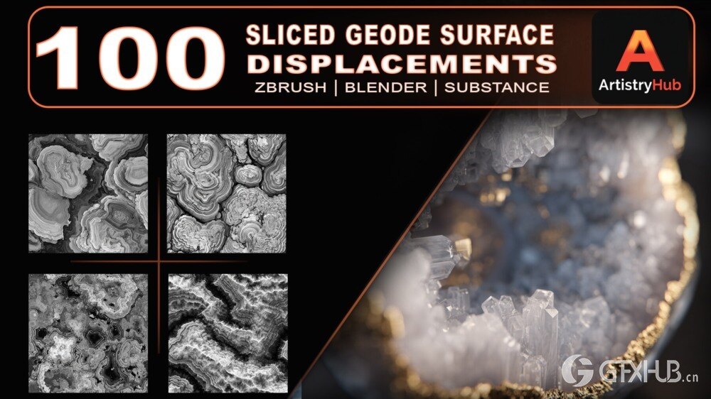 100个切片晶洞表面位移图 切割晶洞形态、水晶层和天然石脉