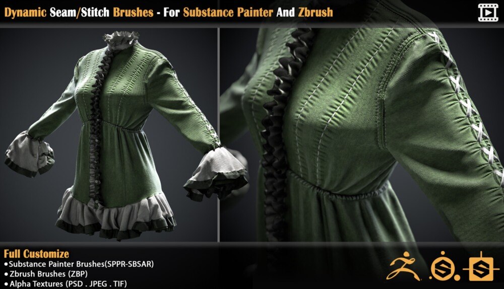 动态接缝缝线笔刷套装 – Substance Painter与ZBrush专业服装细节素材 - GFXHUB